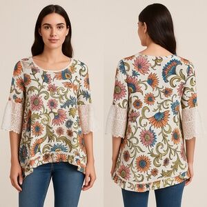 Multiples Floral Paisley Retro Tunic Top with Lace Bell 3/4 Sleeves –‎ Size S